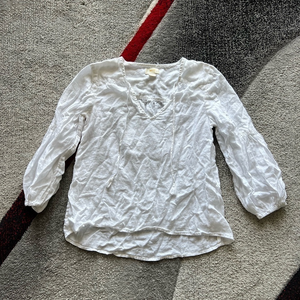 Maeve Anthropologie White Linen Peasant Long Sleeve Blouse